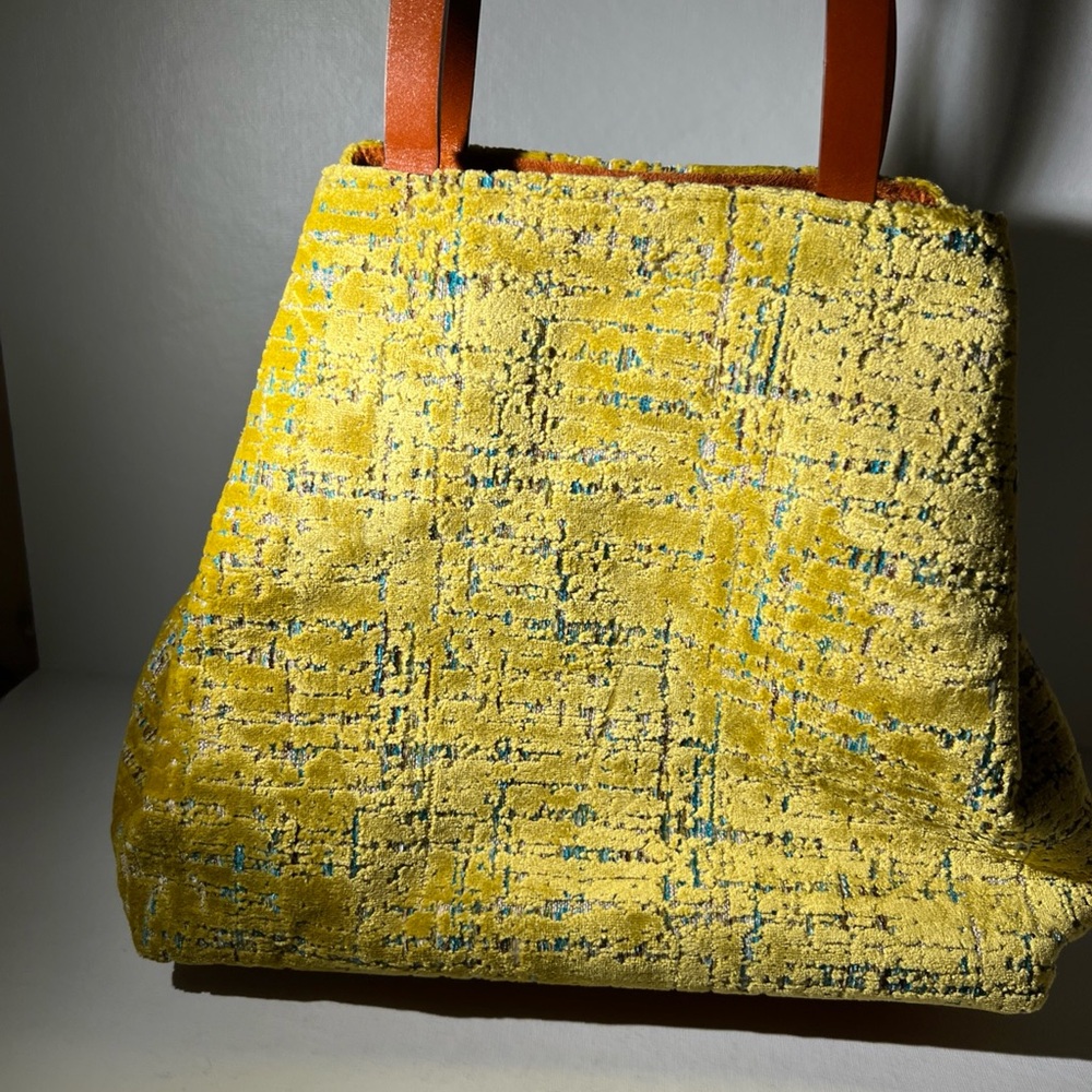 Atenti Gigi Aixa Yellow Cut Velvet Tote Bag Leather Handles Handmade - Picture 2 of 16